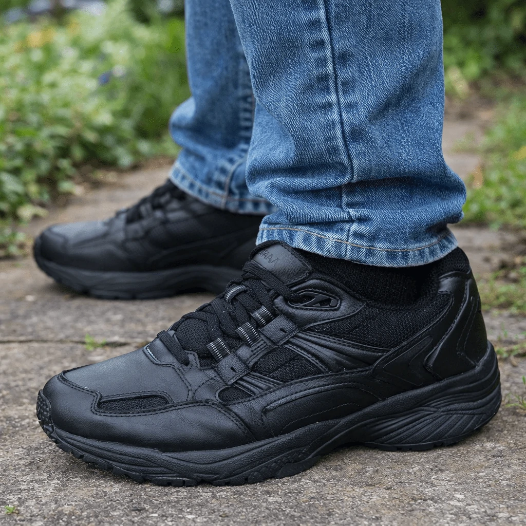 Black leather dependable shoe Black leather walking shoes worn with jeans on a garden path